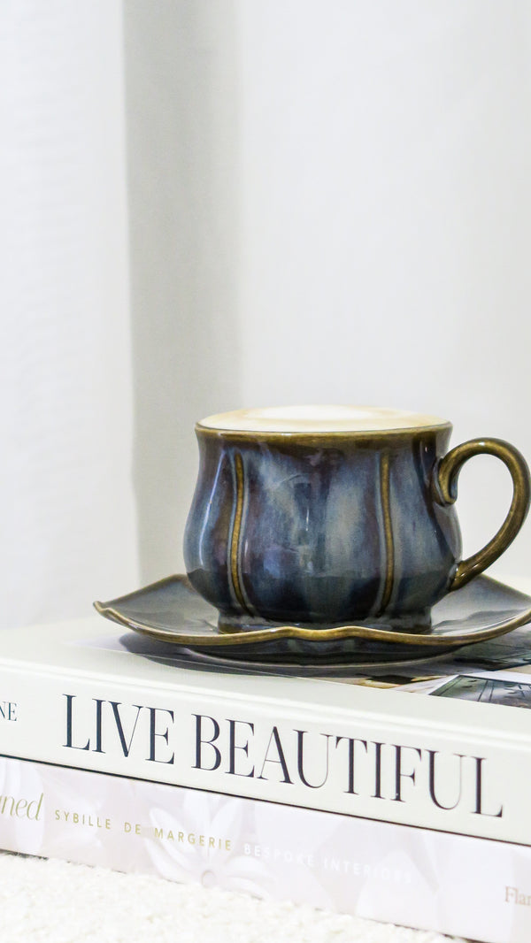 Valentina Cup and Saucer Set - Pewter (Dark Blue)